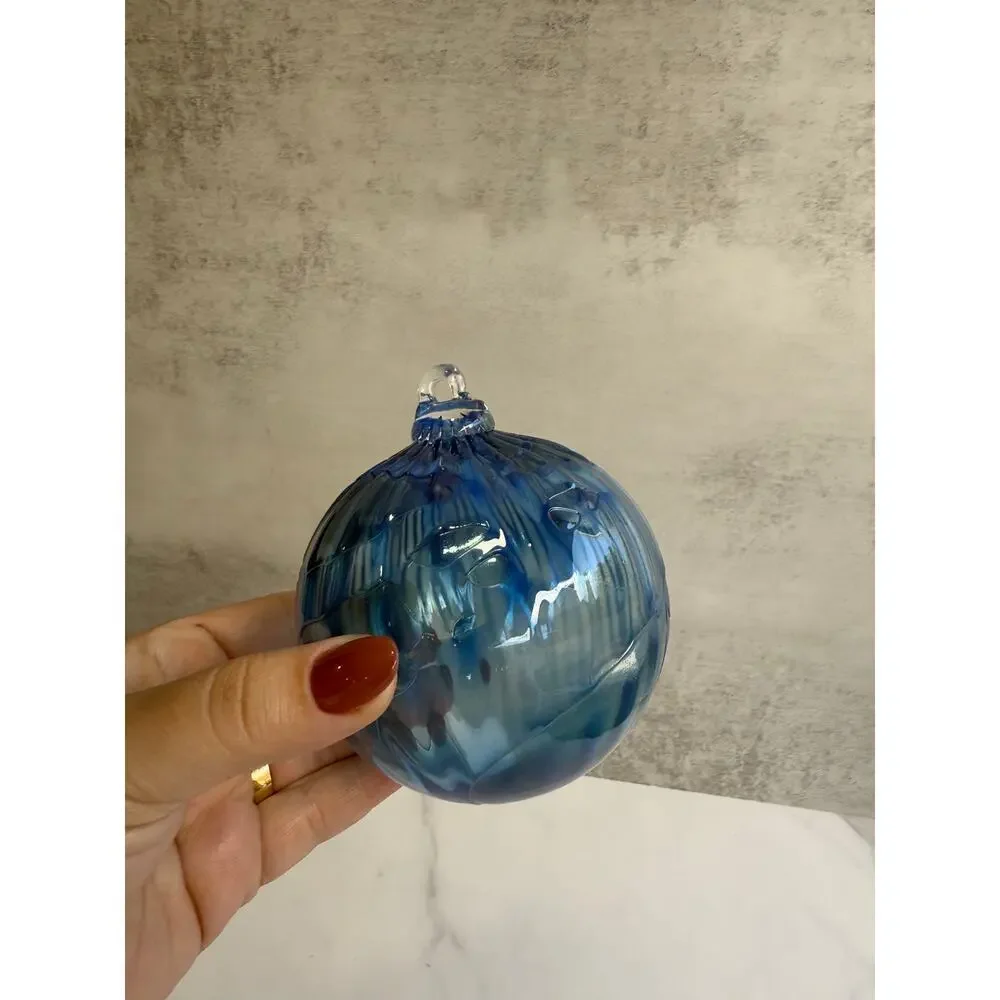 Blue & White Slag Studio Art Glass Ornament | Hand Blown Glass Orb | Swirled